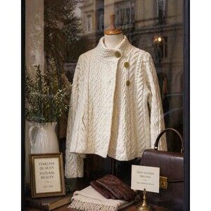 Aran Sweater Market 100% Merino Wool Cable Knit Cardigan Cream L Luxury Irish